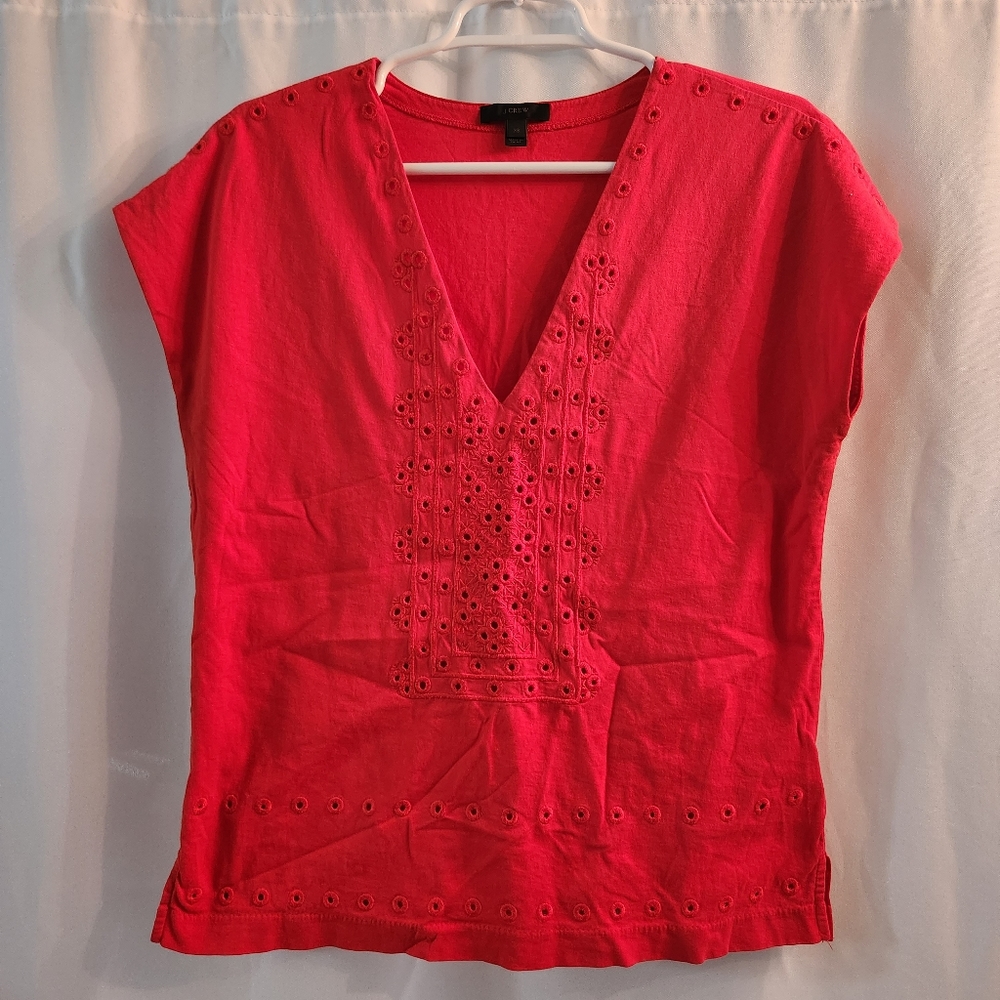 J.Crew Red Eyelet Embroidered Cotton V Neck Top Size XS